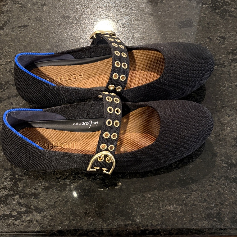 Rothy's The Ballet - Black and Blue Flats with Gold Accents